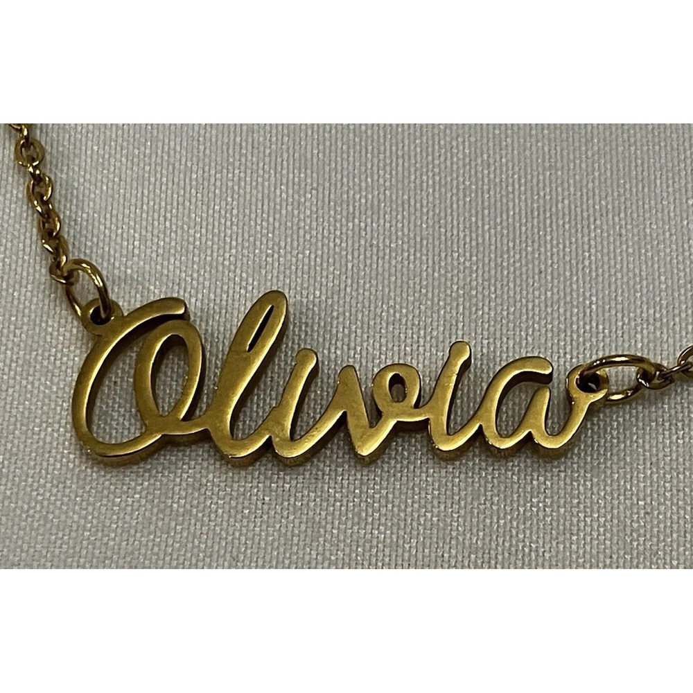 Olivia Personalized Name Cursive Script Nameplate Gift Necklace Gold Tone
